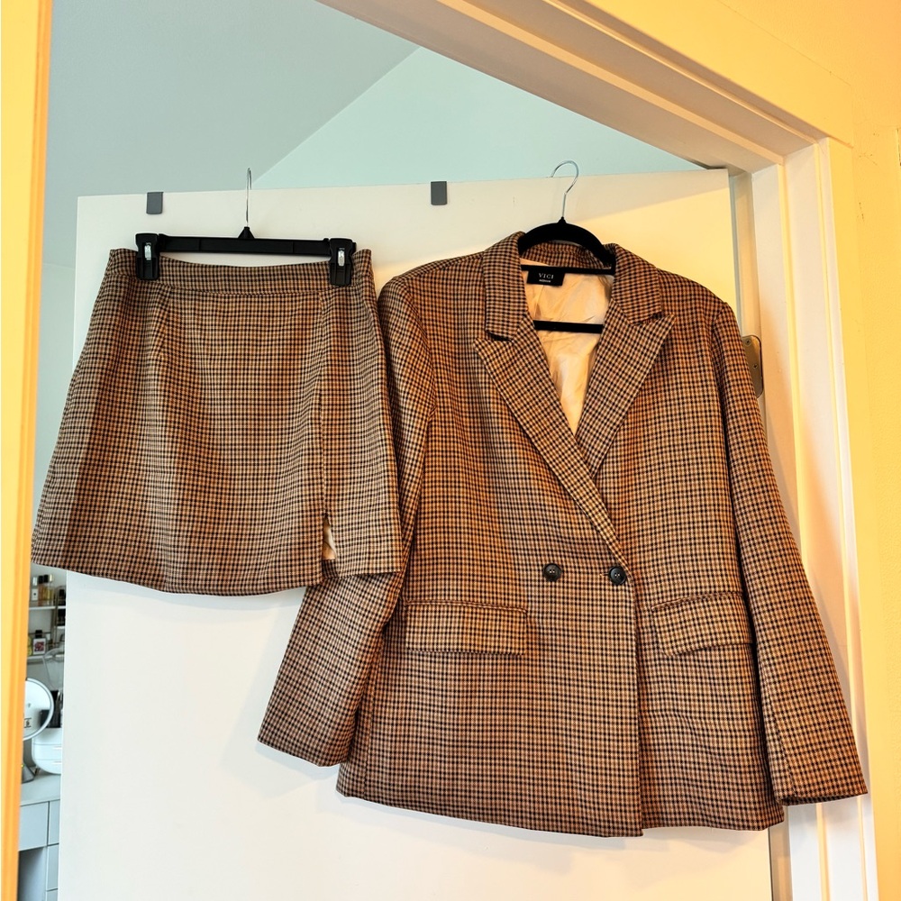Vici Tan/Brown/Black Checkered Blazer and Skirt Set